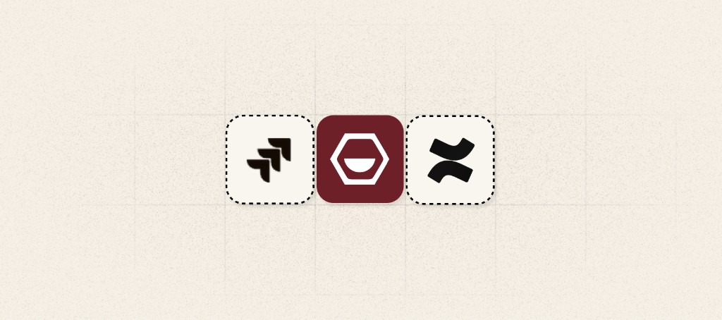 Jira and Confluence logos flanking the Korey icon on a textured grid background