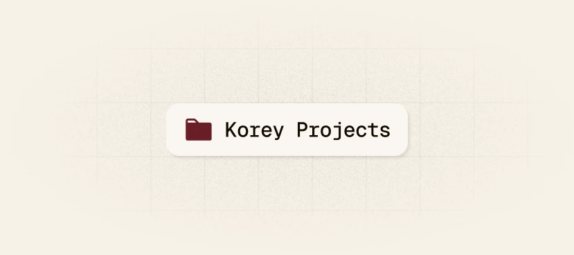 A rounded cream card reading 'Korey Projects' with a maroon folder icon, centered on a grained cream field with a faint square grid