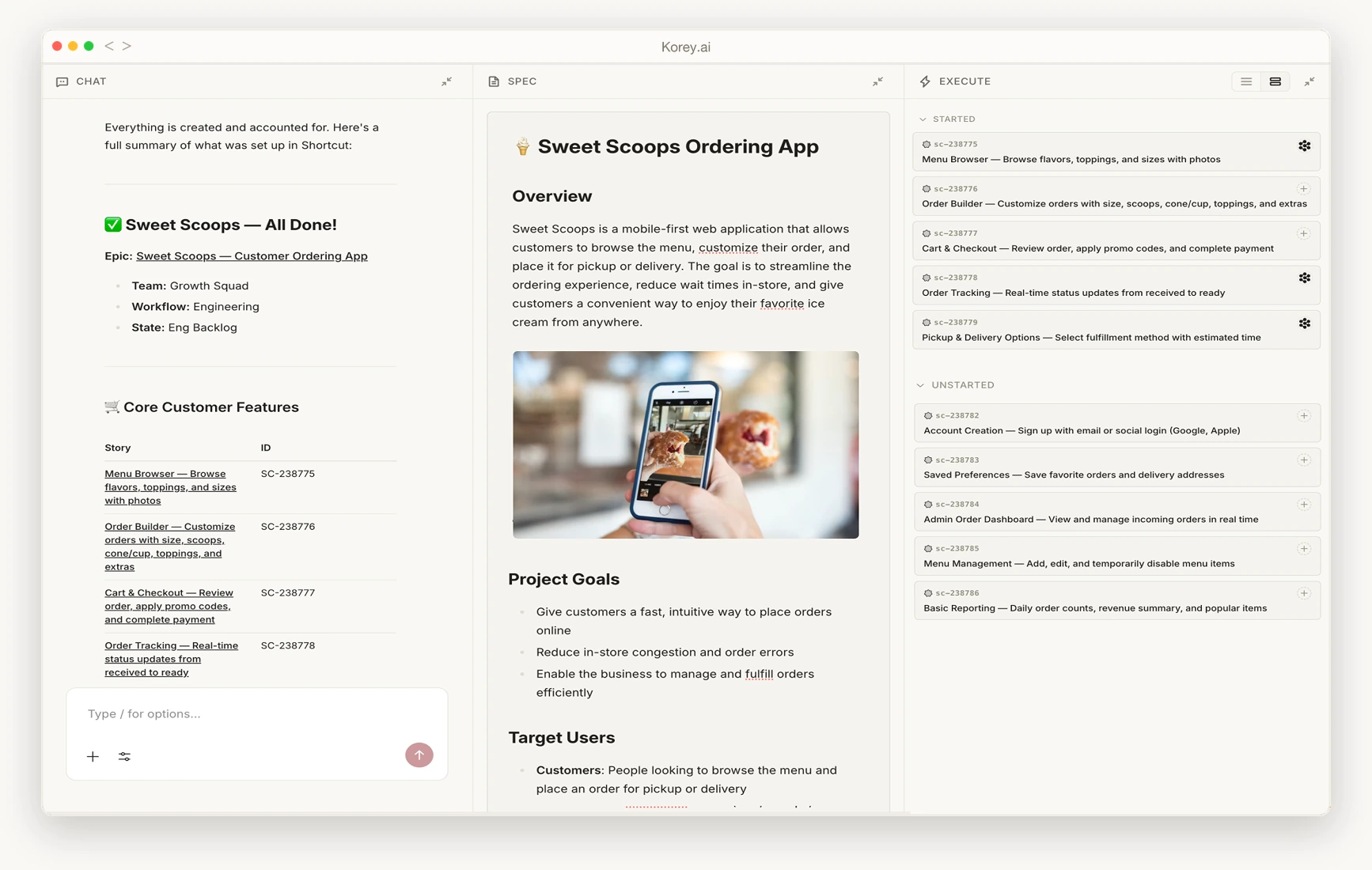 A Korey Project view showing an editable spec alongside a chat with Korey and the Stories and tasks broken down from the spec